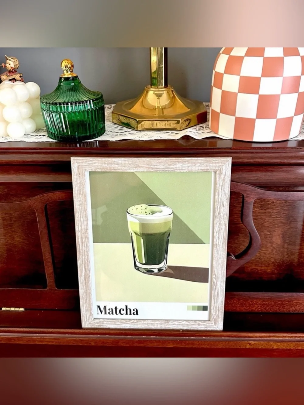 Retro Matcha Tea Green Toned Canvas Art Print Framed Wall Art Mid Century Art